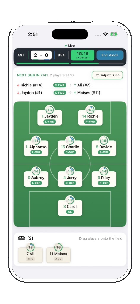 Rotaru Live Match screen showing scoreboard, next substitutions, and field positions