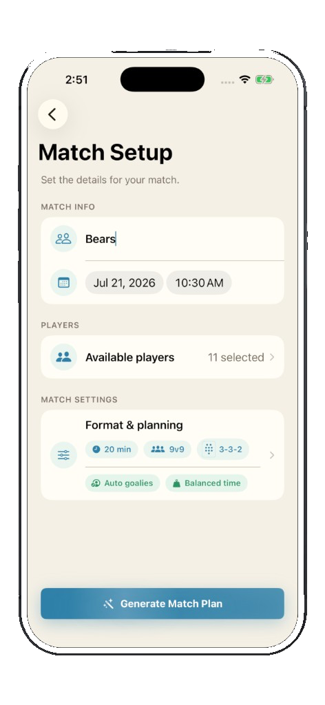 Rotaru Match Setup screen with match info, players, and settings